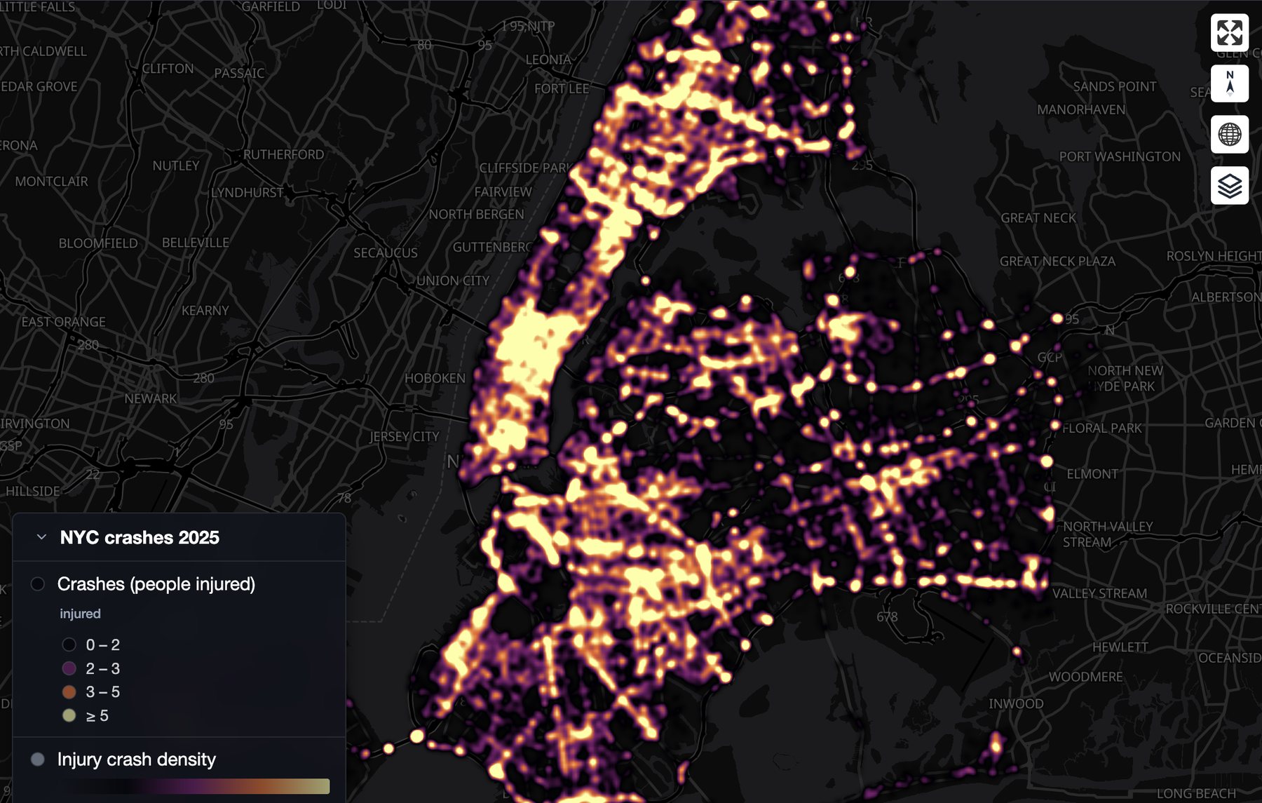 Geoverse density map of injury crashes across New York City in 2025
